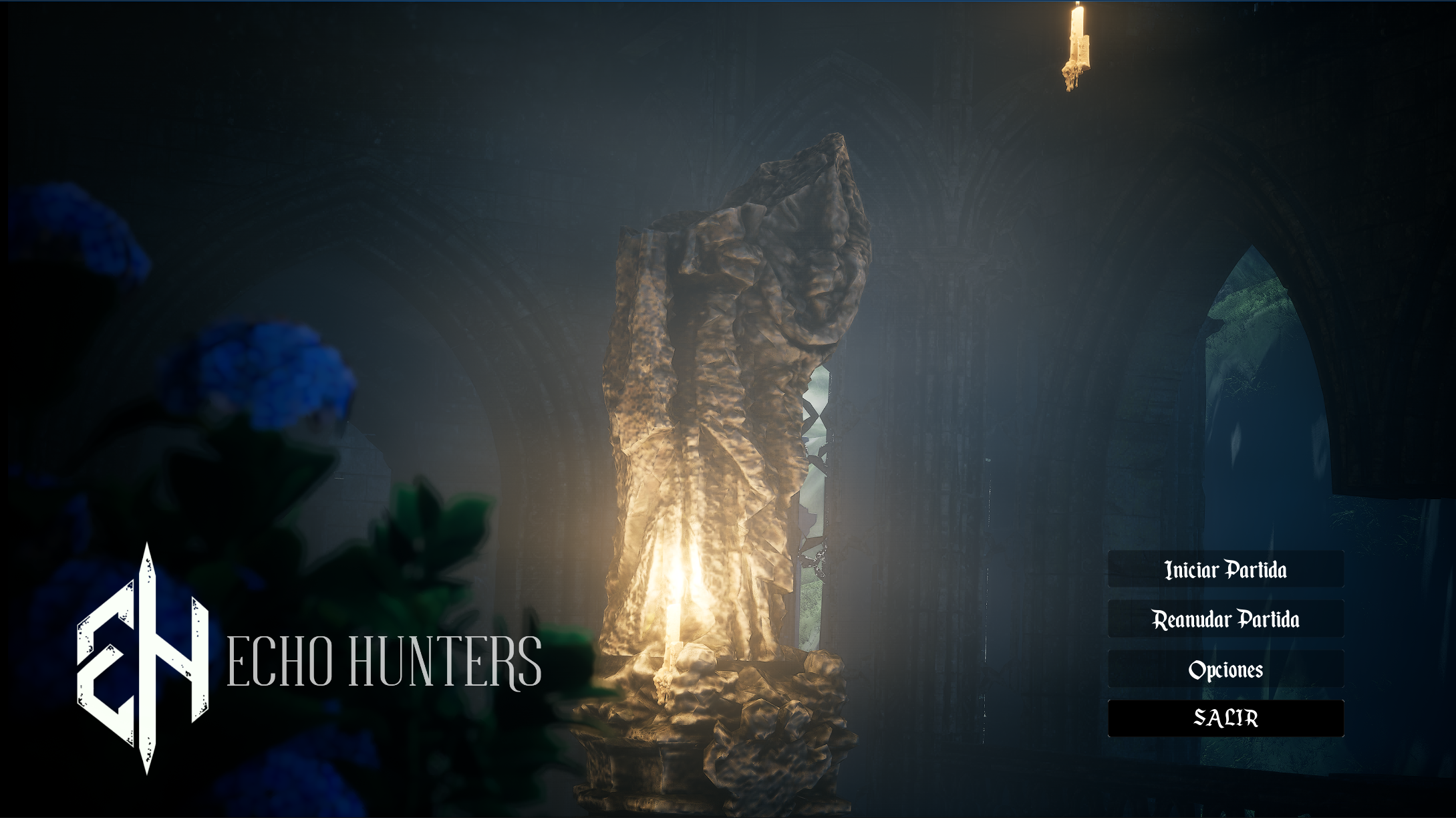 Menú principal de Echo Hunters — altar de piedra iluminado por velas