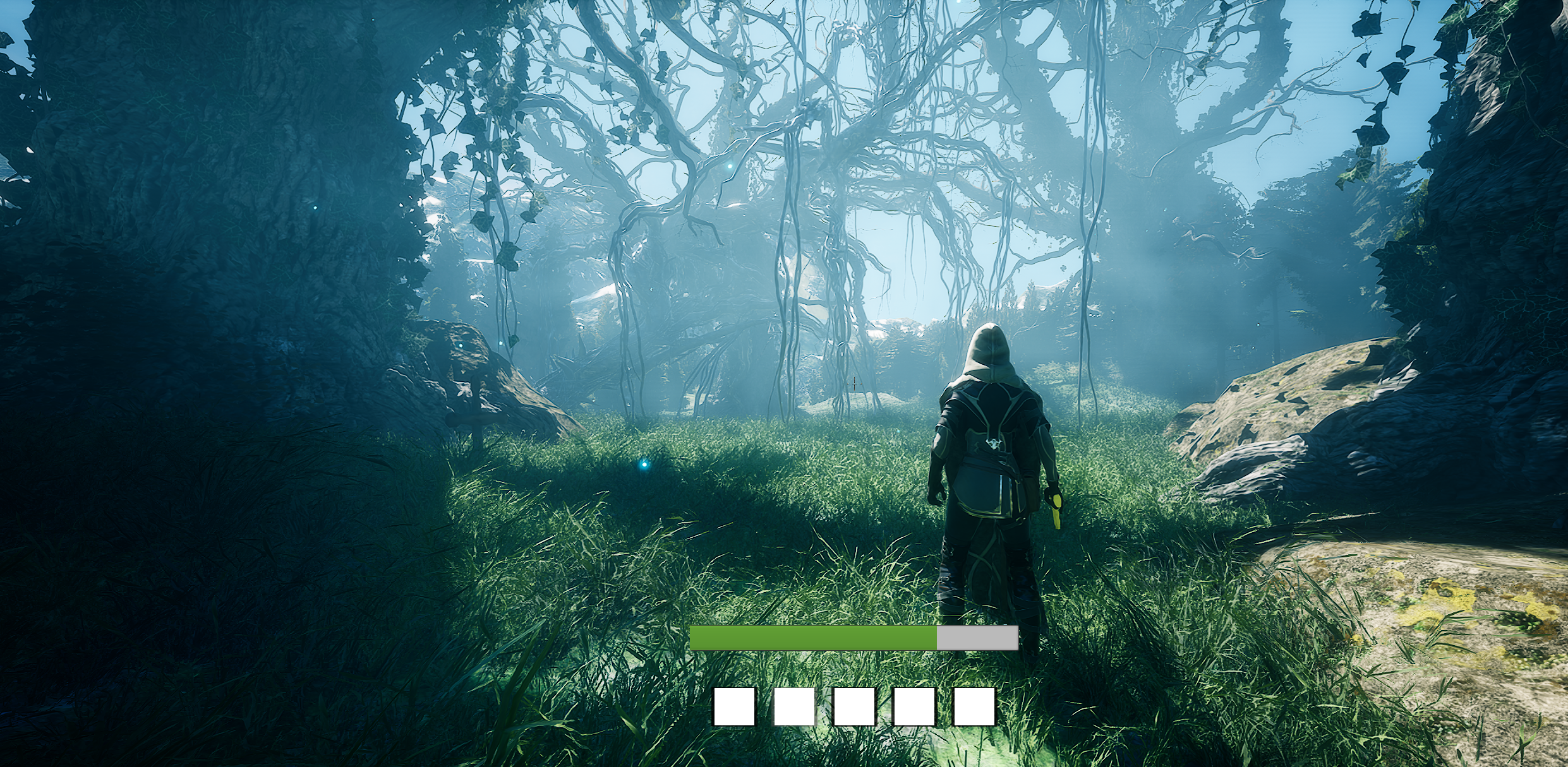 Bosque místico iluminado con esporas mágicas