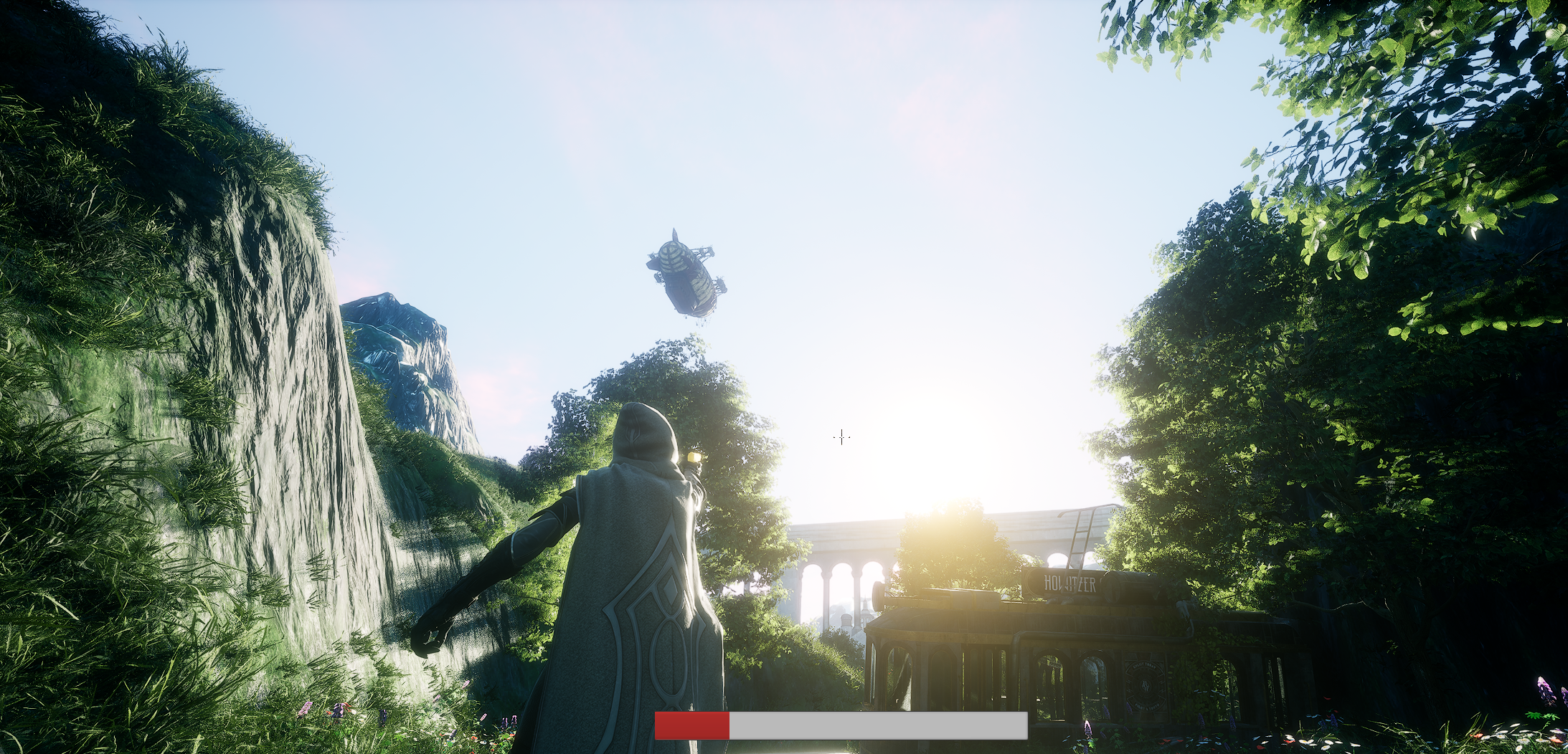 Personaje con arco apuntando a un dirigible